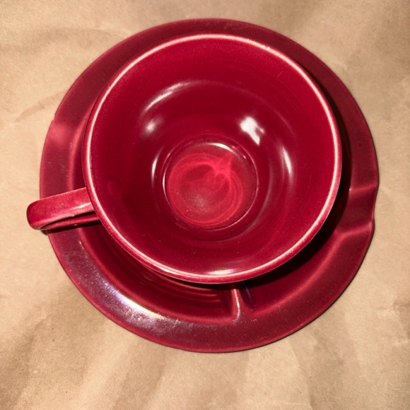 Homer Laughlin (Pre-Fiesta) 1930s - 1940s Red Ceramic Cup and Saucer/Ashtray Set - Picture 2 of 16